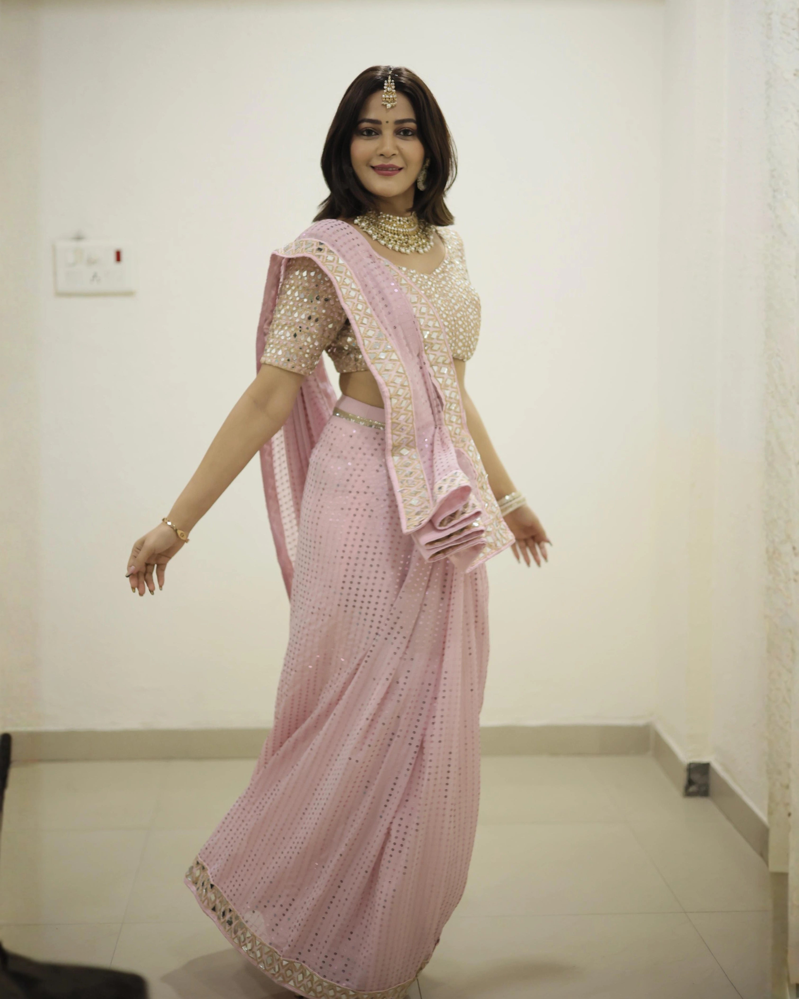 Pink Sequin Georgette Saree with Mirror Embroidery Work and Matching Mirror Sequin Blouse