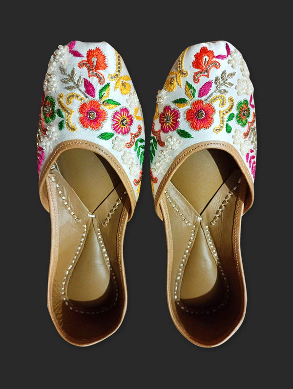 White-Based Multicolor Floral Jutti with Bead Work - Nonita Fashion