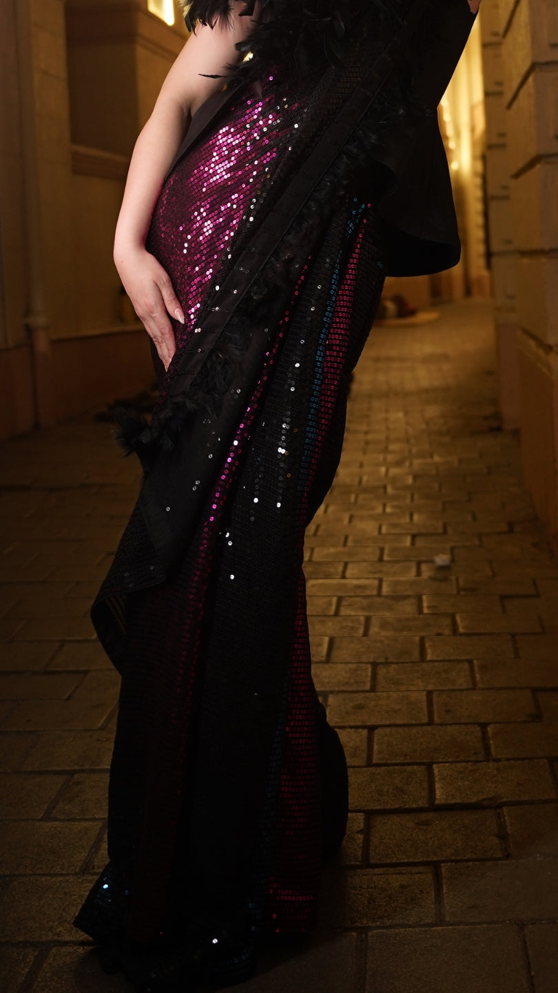 Midnight Siren – Black Sequin Saree with Ruffle Feather Blouse by Label Nonita Fashion