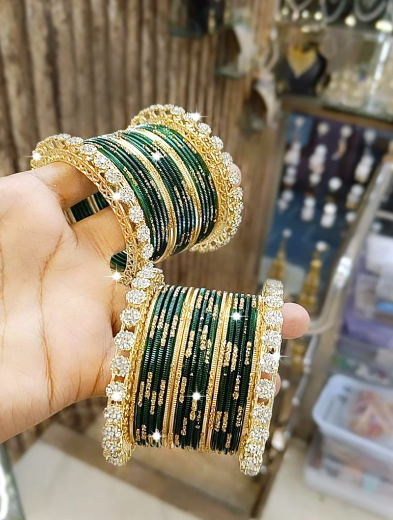 Stunning Bottle Green and Gold Bangles with Stone Embellishments - Nonita Fashion