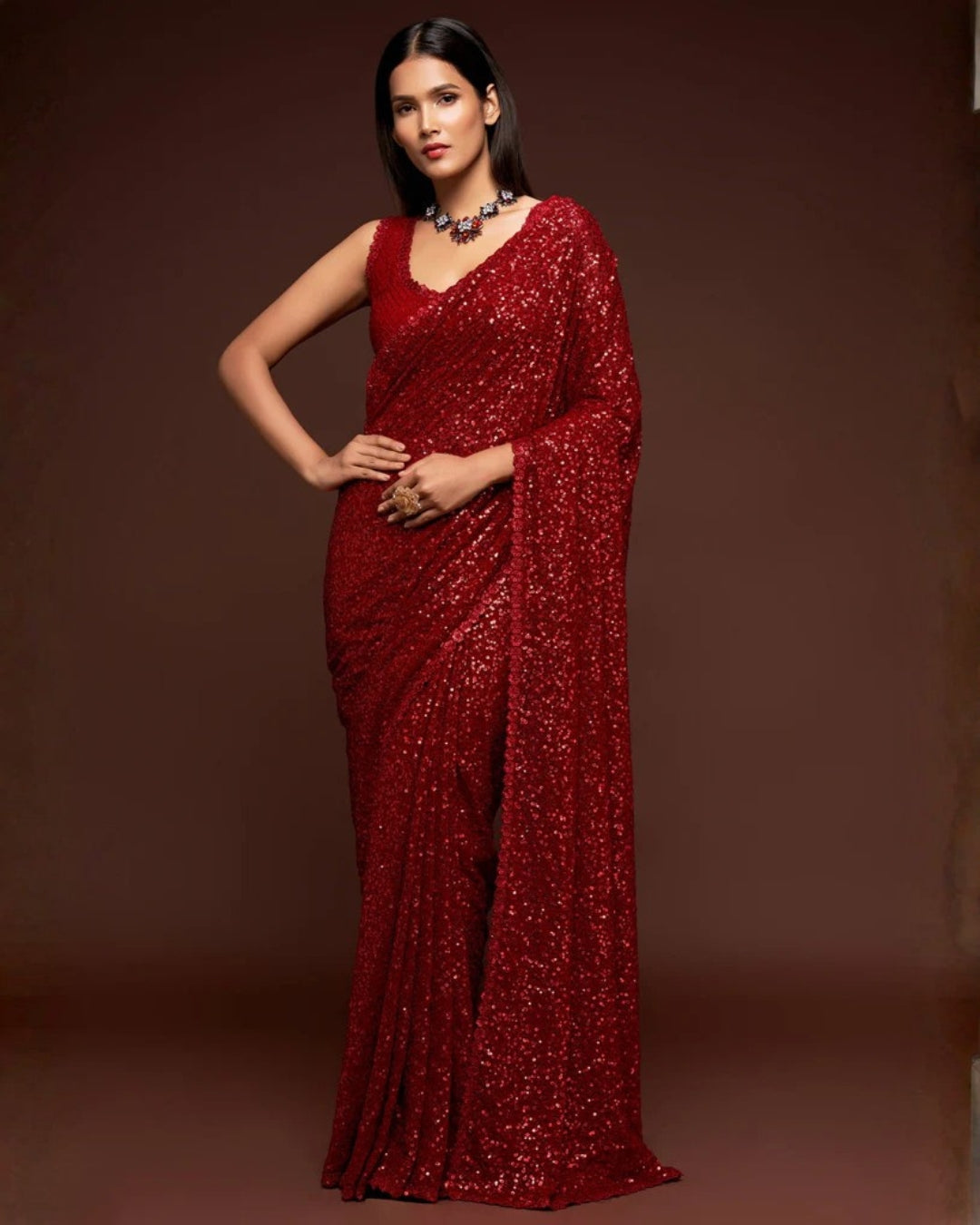 Red Georgette Saree with All Over Shimmer Sequin Work and Matching Sequin Blouse