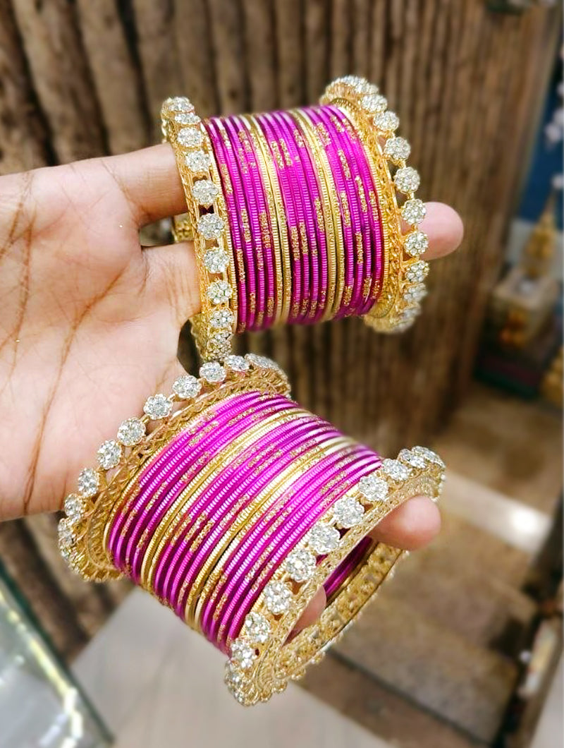 Rani Pink & Gold Bangles with Intricate Stone Work - Nonita Fashion