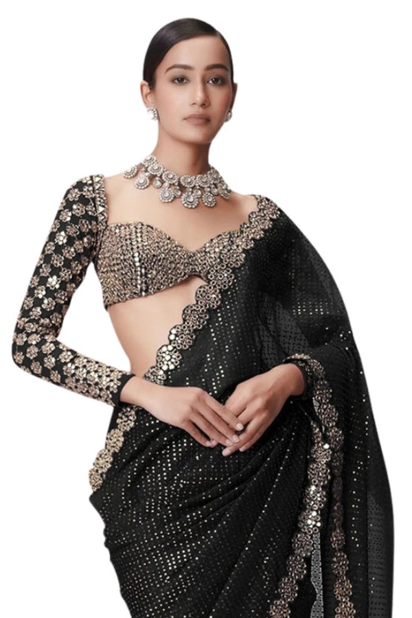 Black Georgette Saree with Sequin Embroidery and Mirror Work