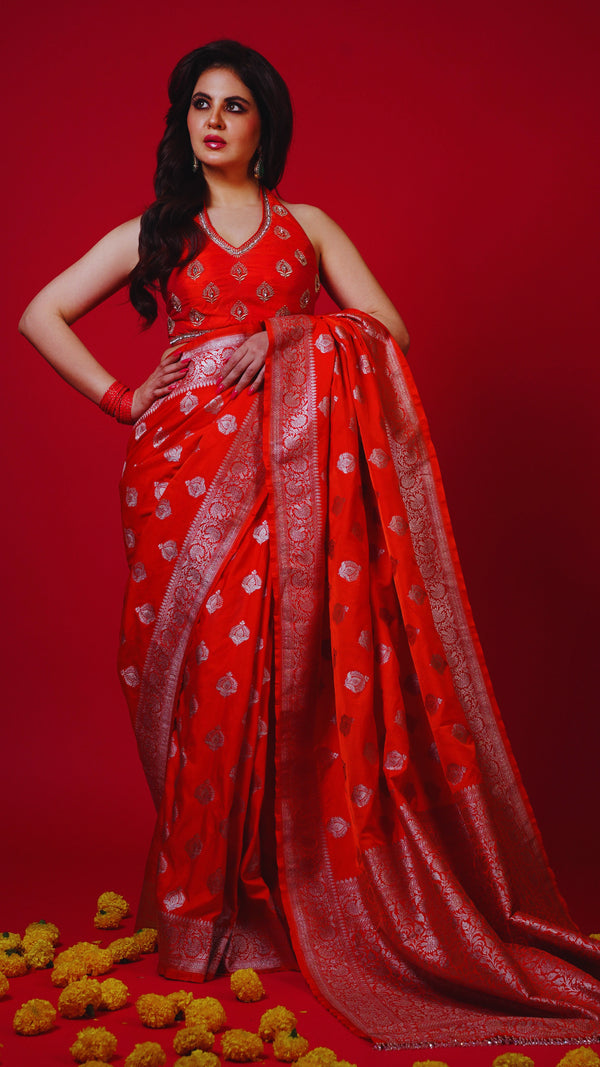 Orange Pure Banarasi Silk Saree with Gold Zari Weaving and Matching Blouse
