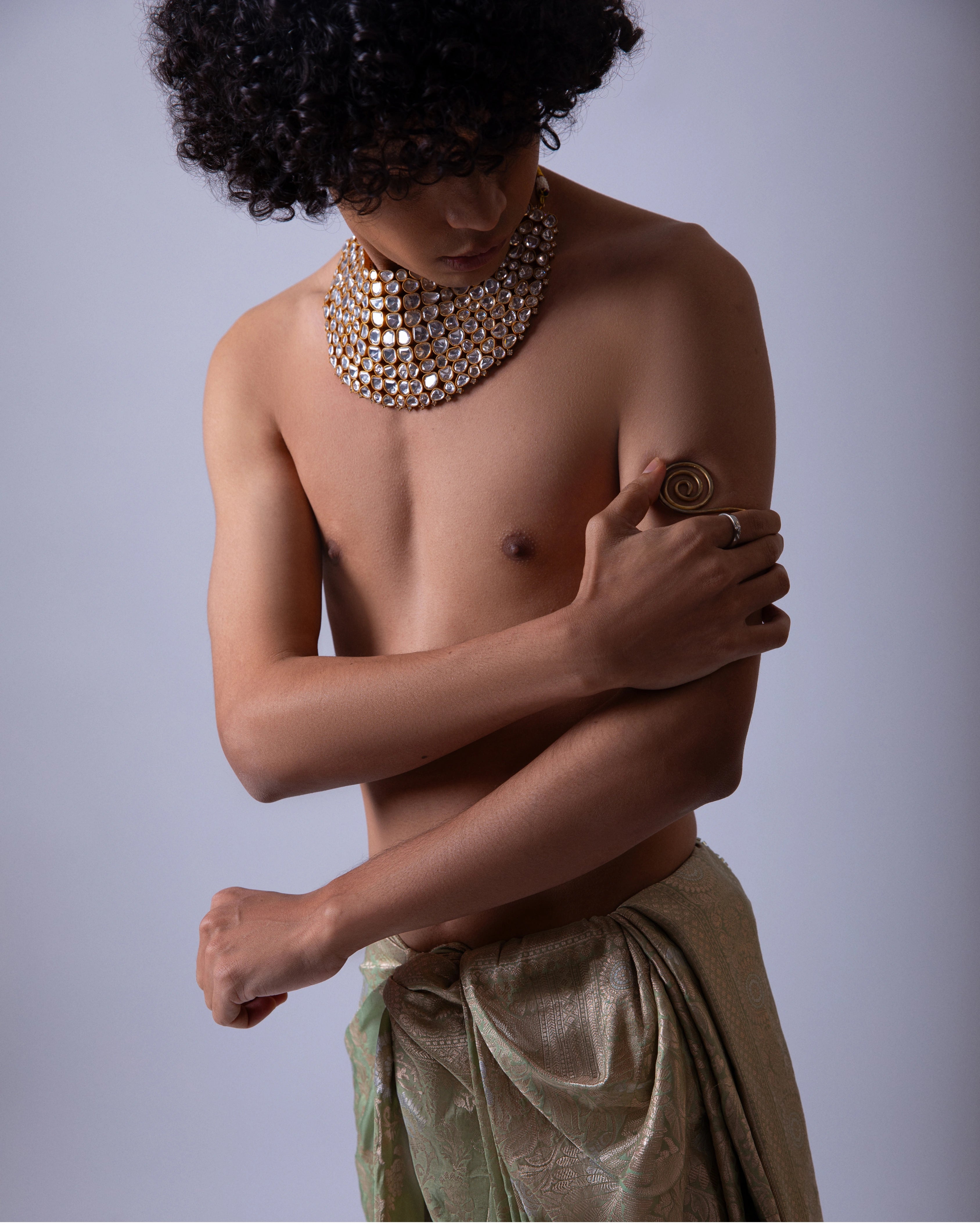 Sage Green Draped Silk Dhoti with Golden Floral Design