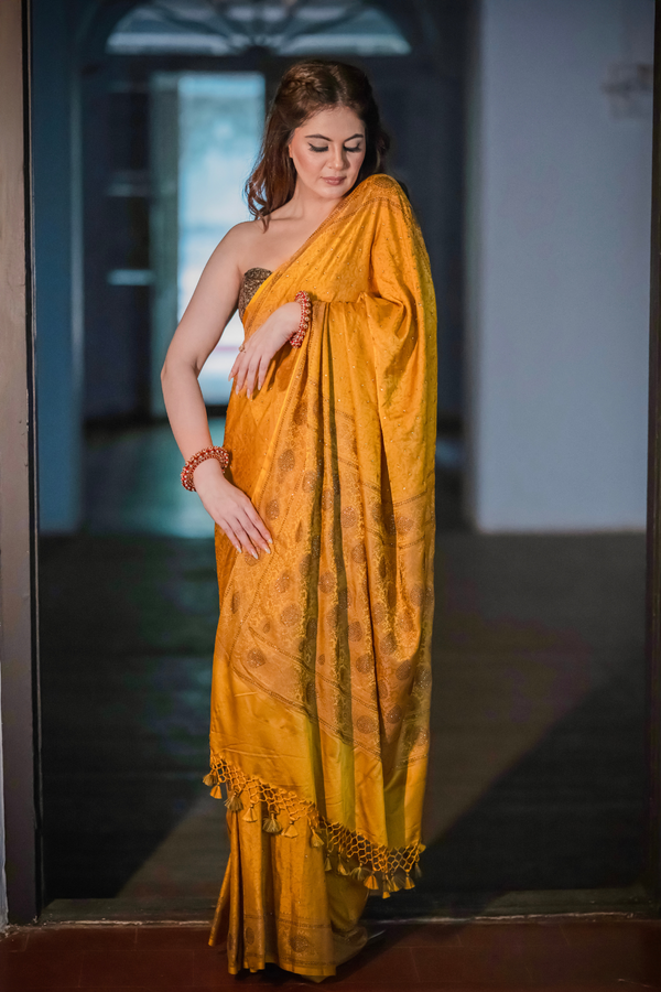 Yellow Designer Banarasi Silk Saree with Swarovski Crystals & Hand Embroidered Copper Sequin Blouse – Luxury Indian Wedding Saree