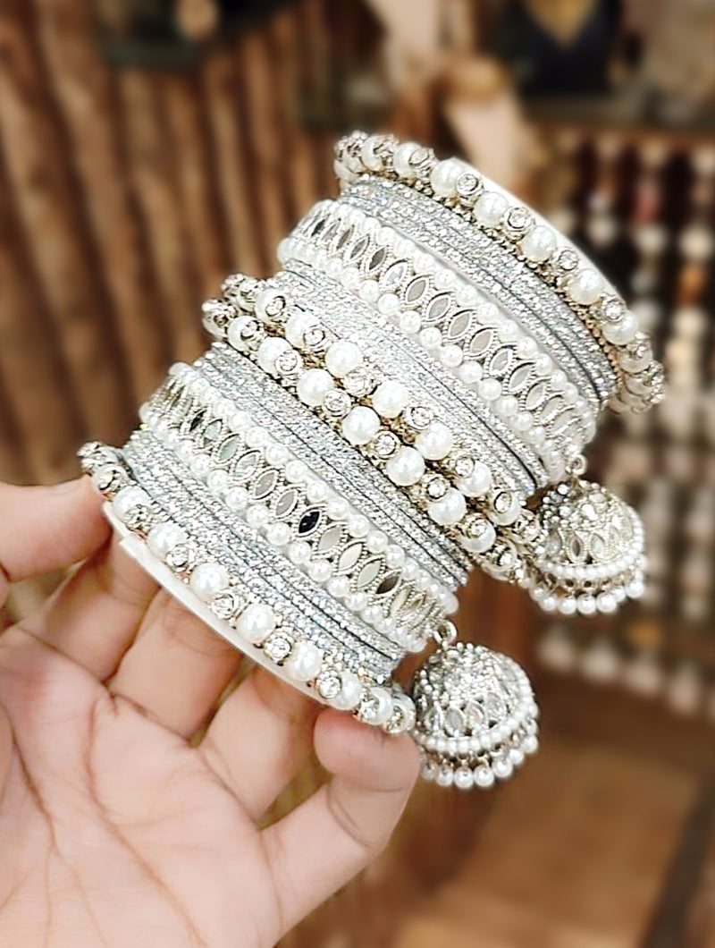 Silver Bangles with Mirror Moti Work and Kalira - Nonita Fashion