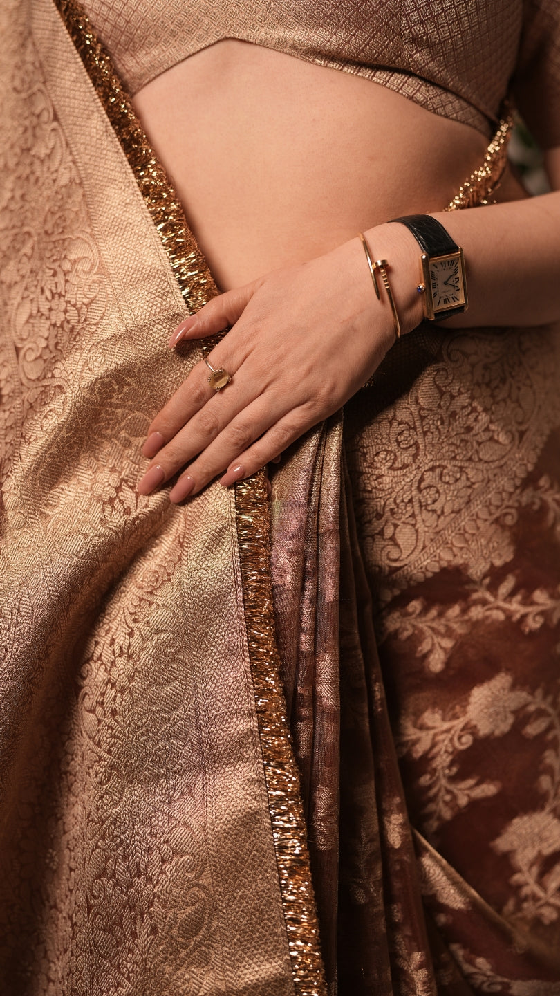 Orange Banarasi Silk Saree with Pure Gold Zari Floral Weaving and Matching Checked Blouse