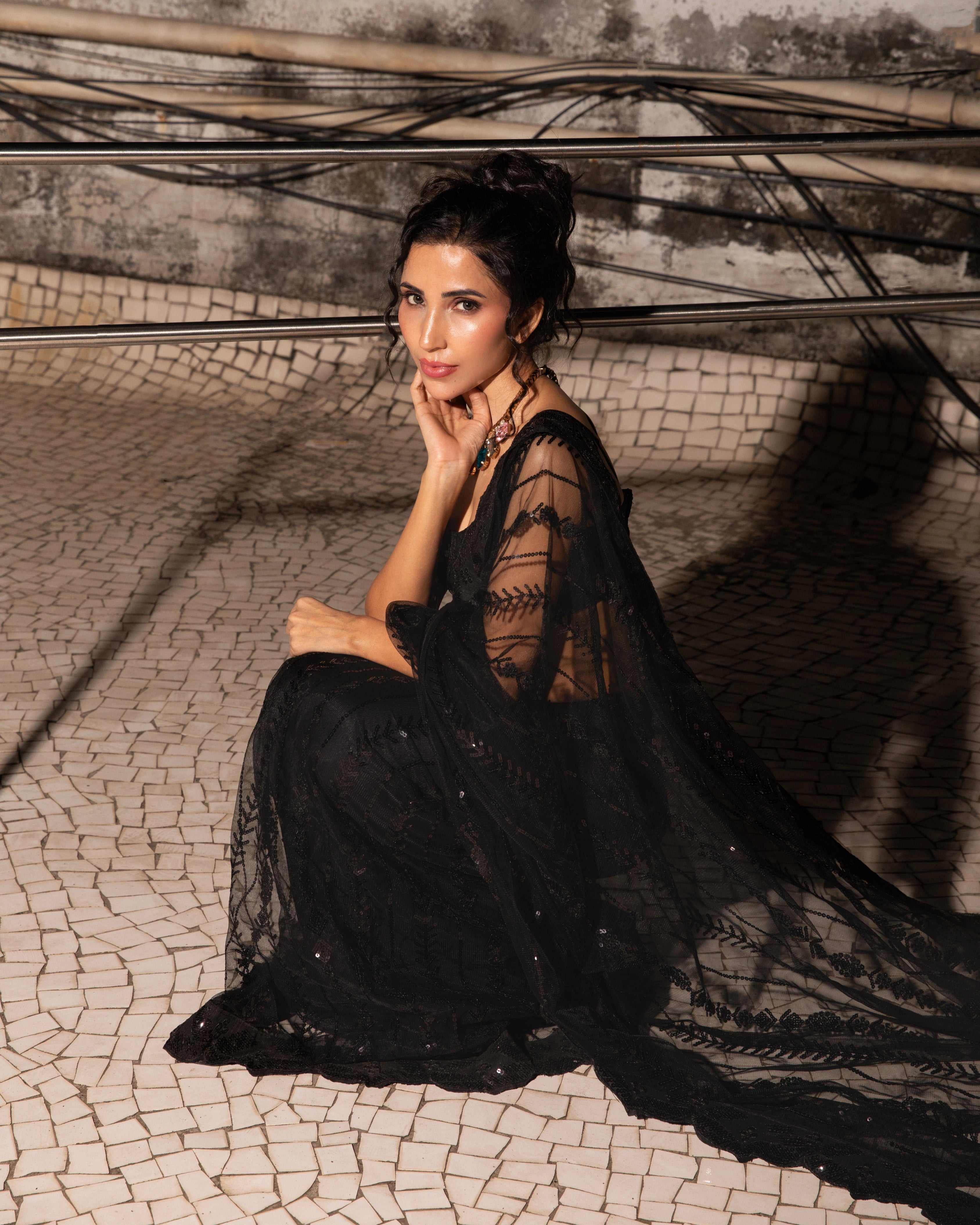 Black Net Sequin with Embroidery Work Saree and Matching Black Sequin Blouse