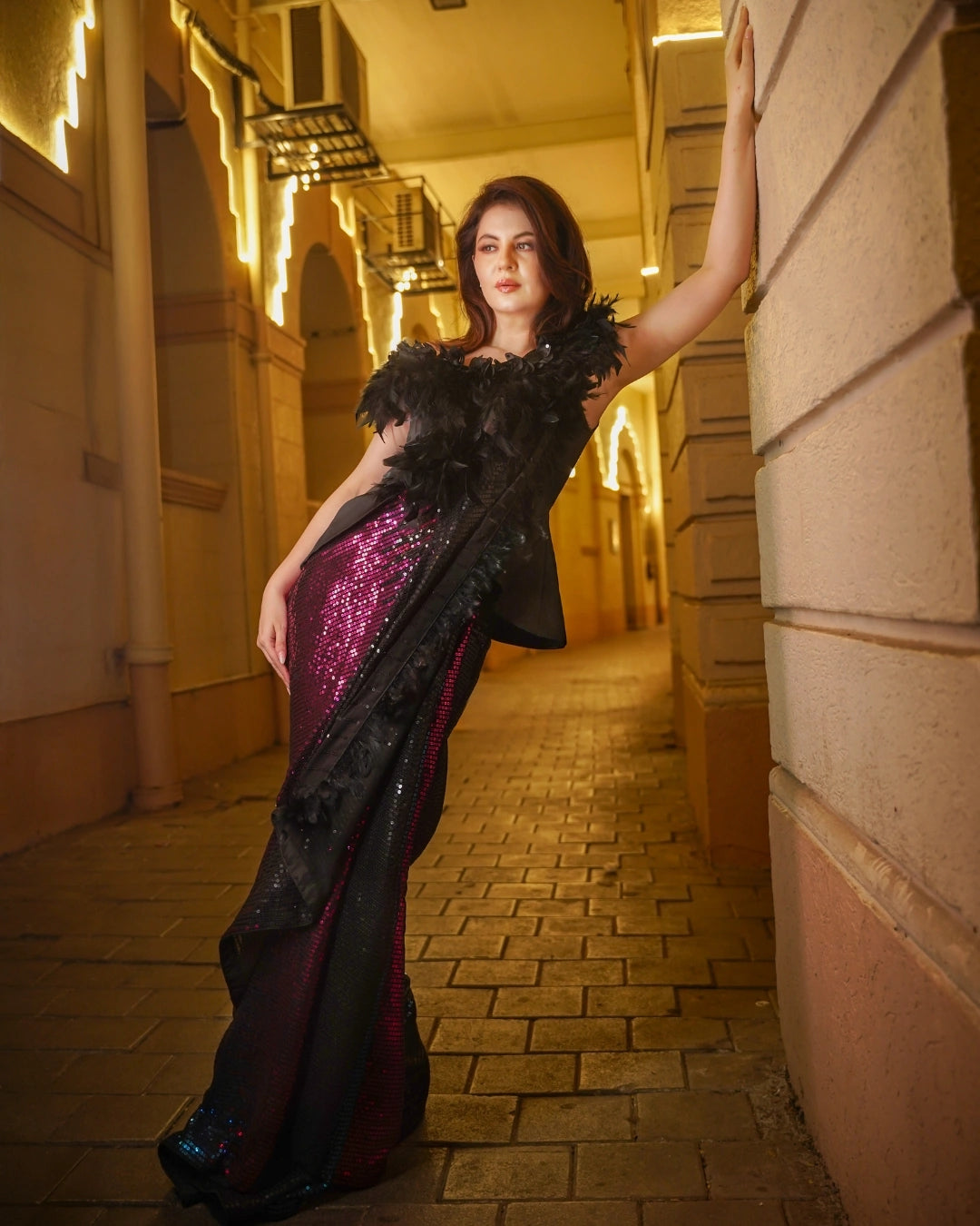 Midnight Siren – Black Sequin Saree with Ruffle Feather Blouse by Label Nonita Fashion