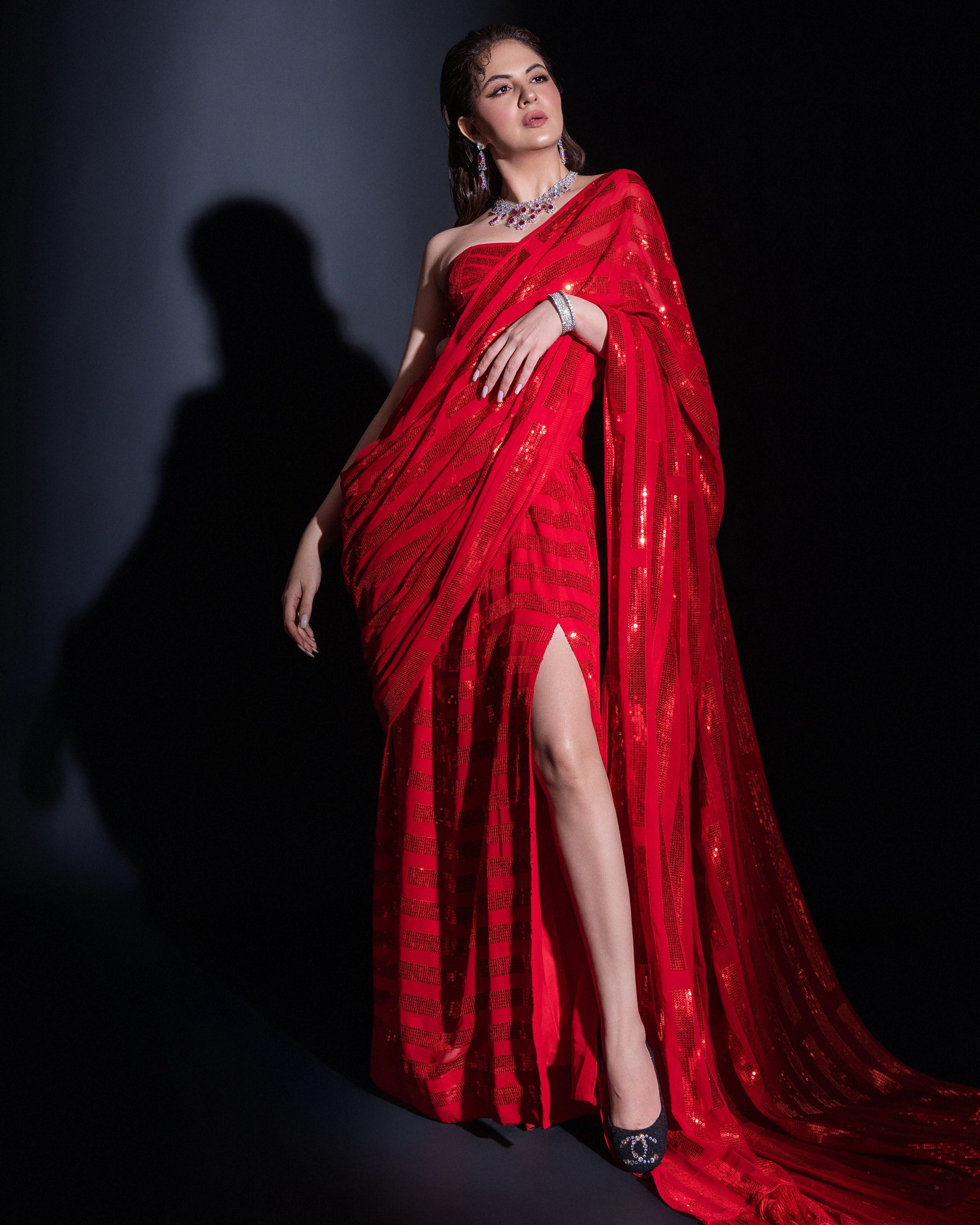 Crimson Red Georgette Sequin Per Drap Saree with Matching Blouse