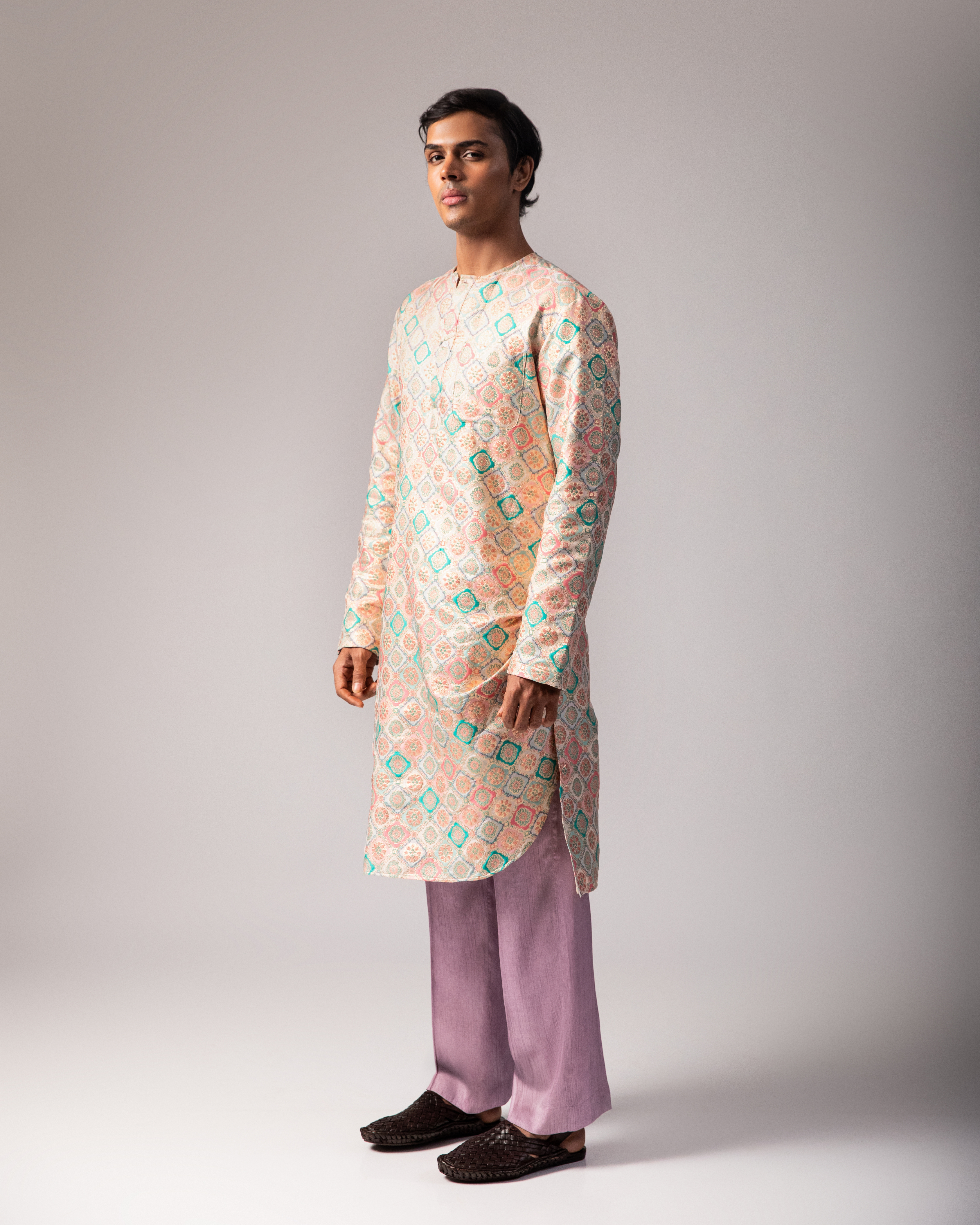 Pastel Brocade Kurta Set with Silk Straight Trousers
