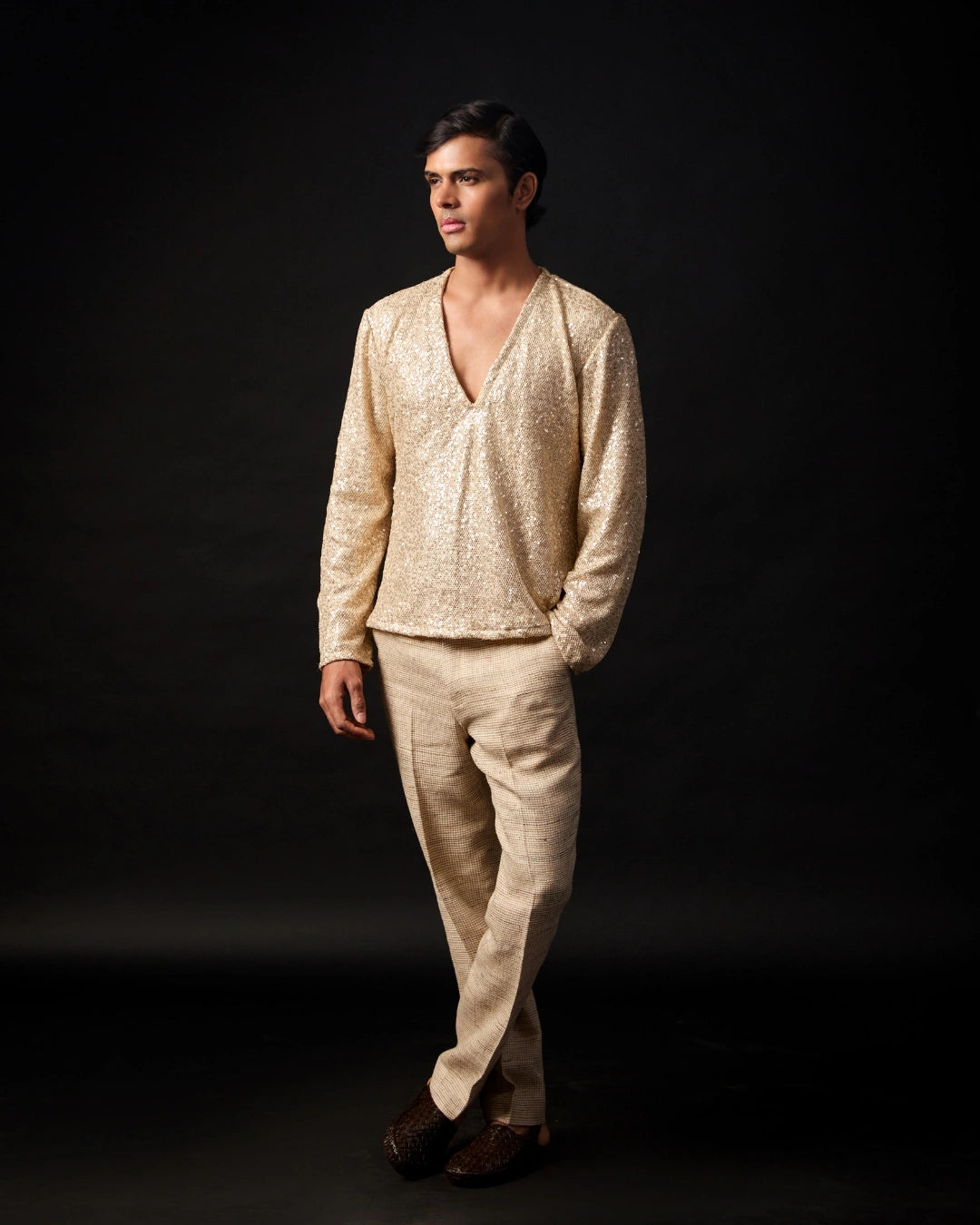 Gold Sequin Deep V-Neck Short Kurta with Jute Tailored Straight-Fit Pants