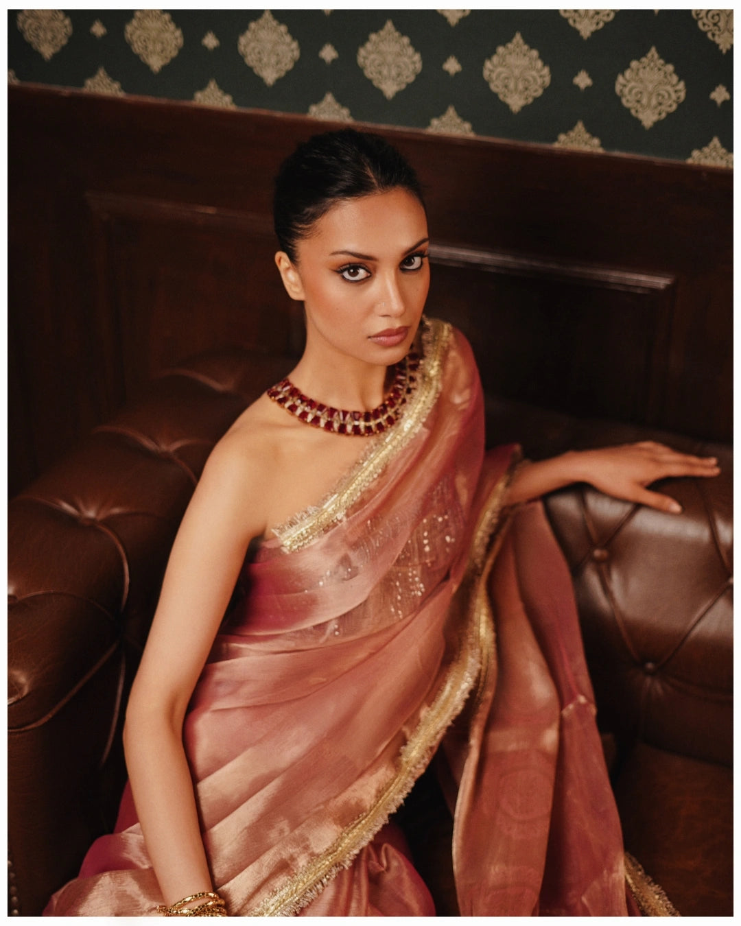 Copper Brown Shimmer Tissue Saree with Zari and Lace Border Work