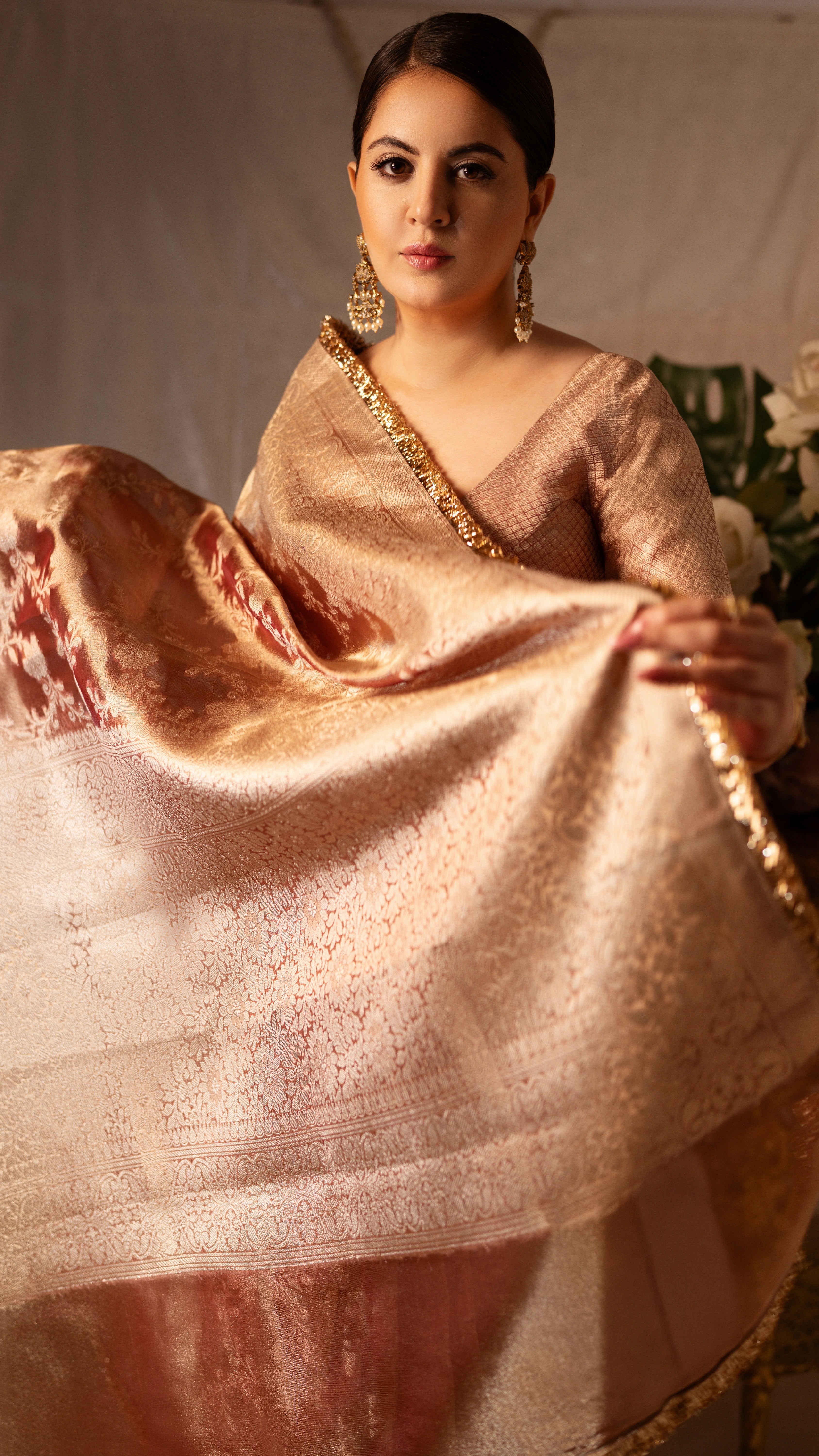 Orange Banarasi Silk Saree with Pure Gold Zari Floral Weaving and Matching Checked Blouse