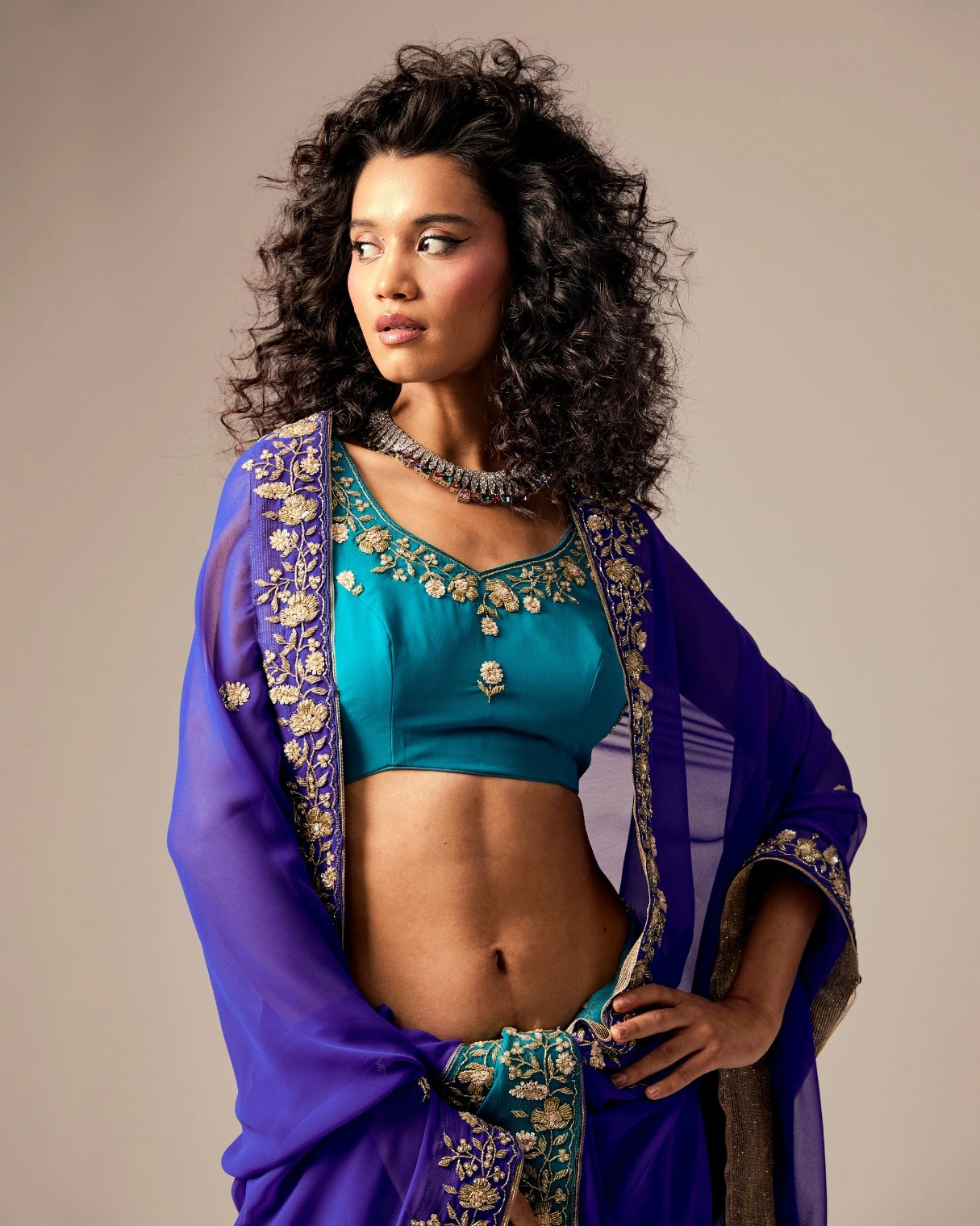 Dark Blue and Bule Dual Tone Hand Embroidered Georgette Saree with Blue Embroidery Blouse