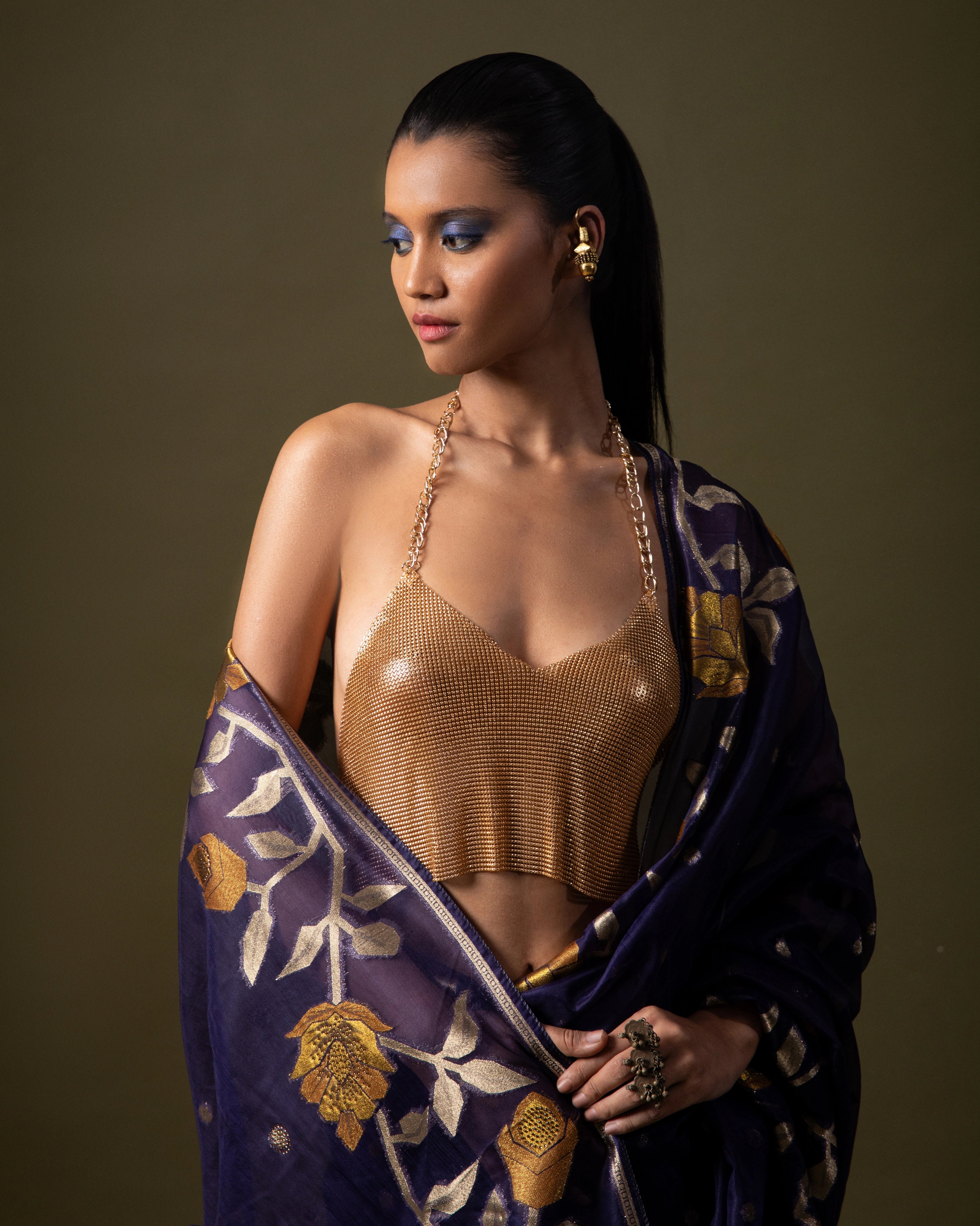 Royal Blue Silk Saree with Georgette Gold Motifs and Metallic Blouse