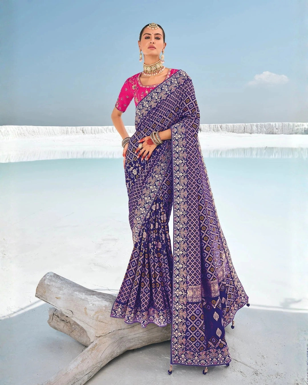 Purple Bandhani Georgette Saree with Intricate Zari Embroidery & Pink Embroidered Blouse