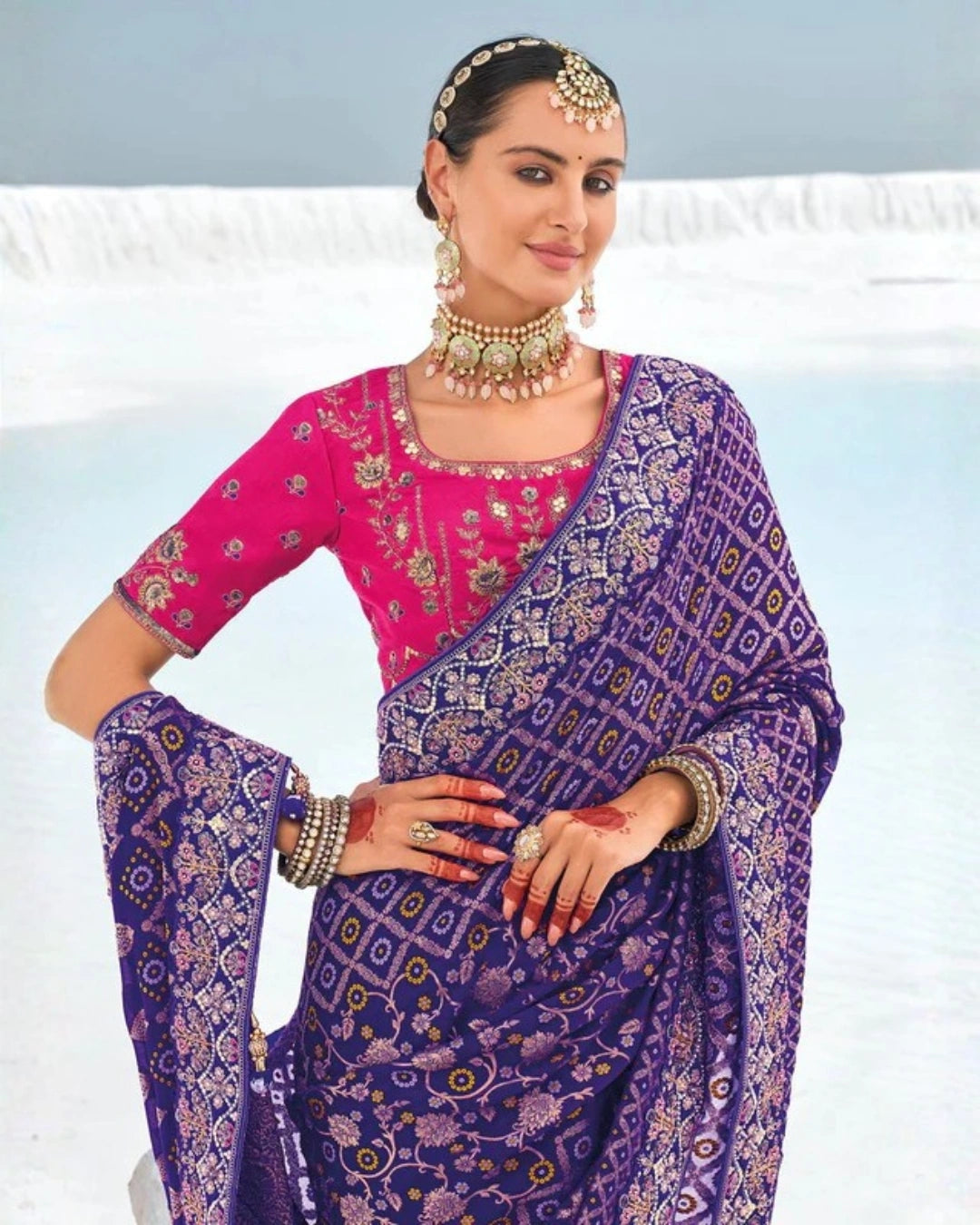 Purple Bandhani Georgette Saree with Intricate Zari Embroidery & Pink Embroidered Blouse