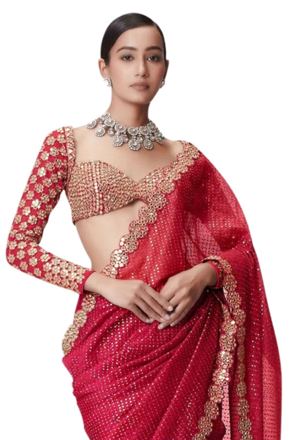 Red Georgette Saree with Sequin Embroidery and Mirror Work