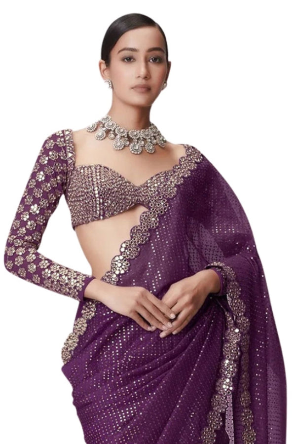 Purple Georgette Saree with Sequin Embroidery and Mirror Work