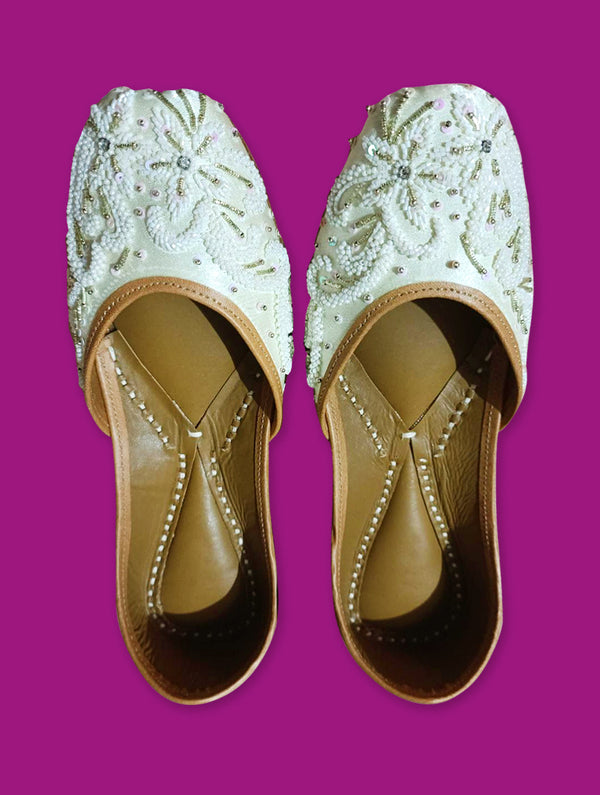 White Beads Moti and Zari Work Jutti - Nonita Fashion