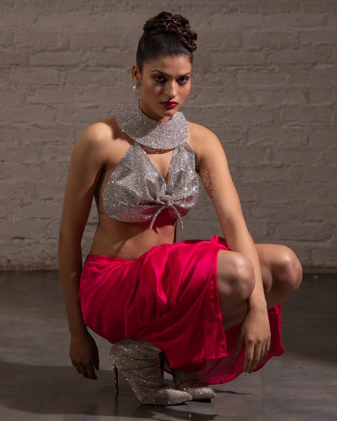 Silver Crystal-Embellished Halter Butterfly Blouse