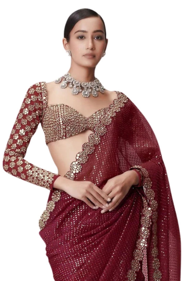 Maroon Georgette Saree with Sequin Embroidery and Mirror Work