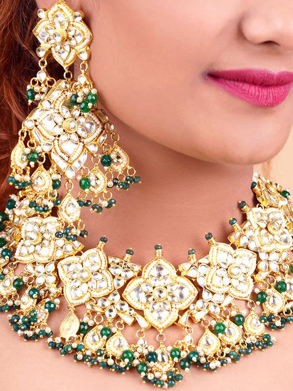 Chahat Jadau Kundan Green Necklace Set - Nonita Fashion