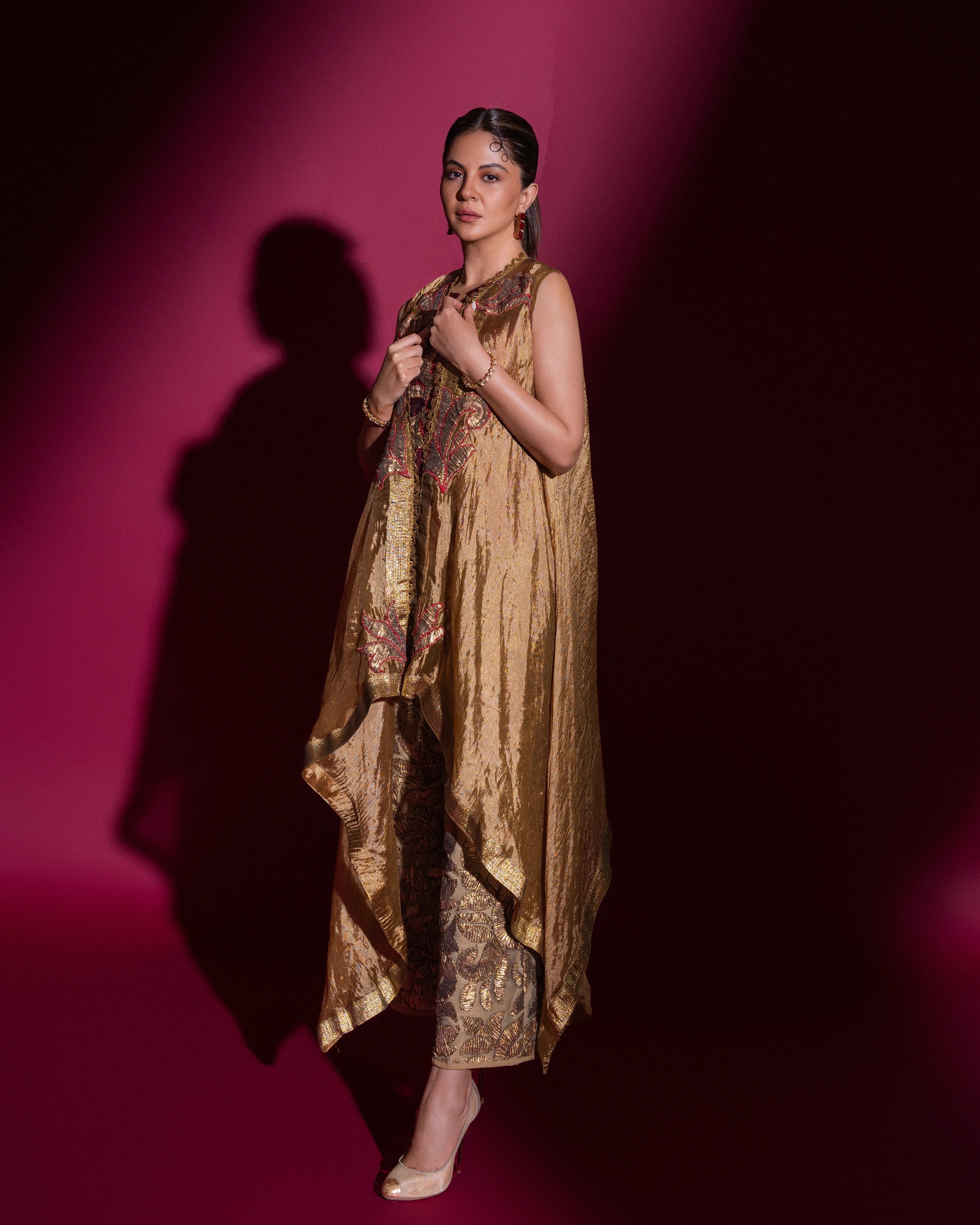 Gold and Red Silk Pant and Top with All Over Embroidered Cape Work