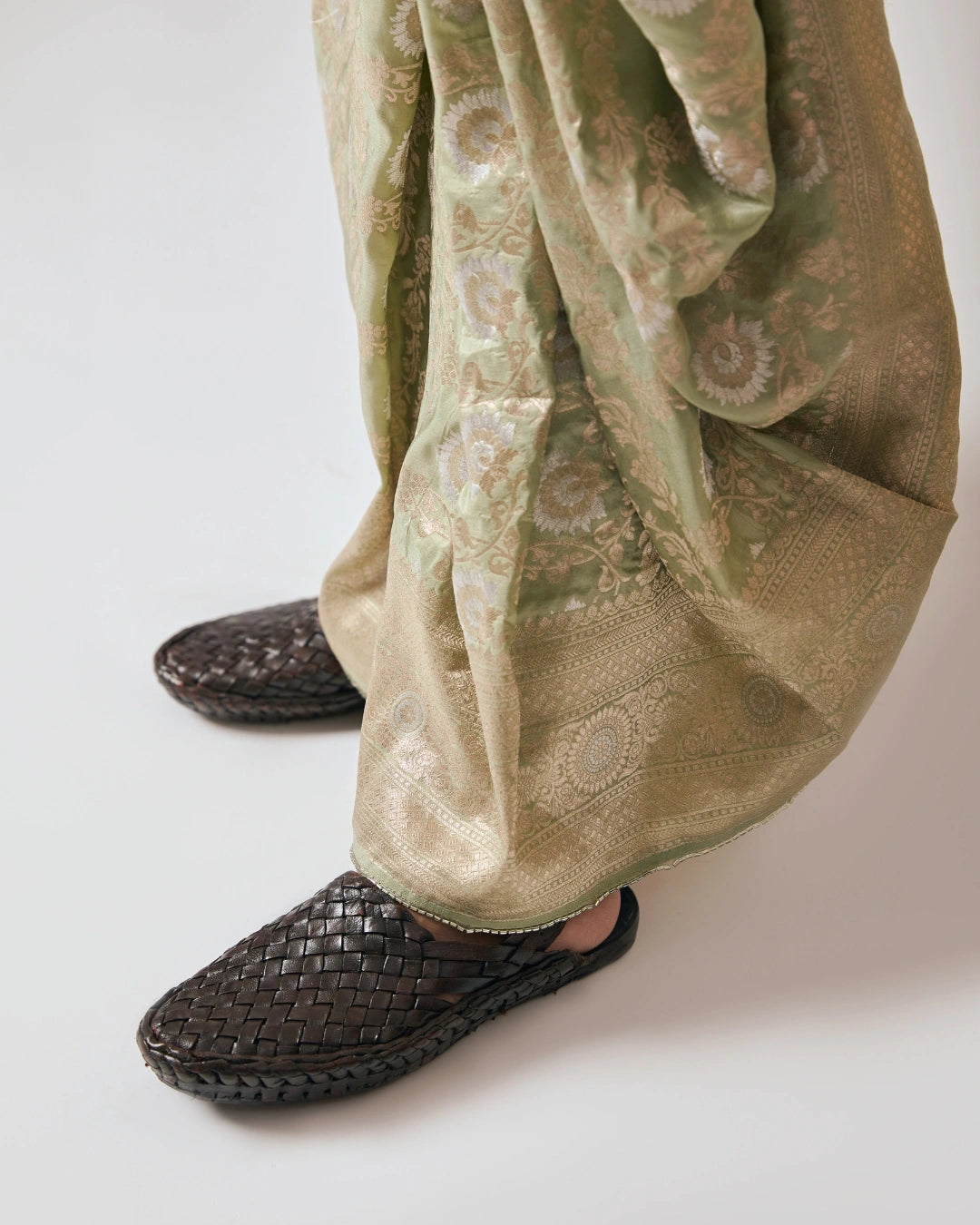 Sage Green Draped Silk Dhoti with Golden Floral Design