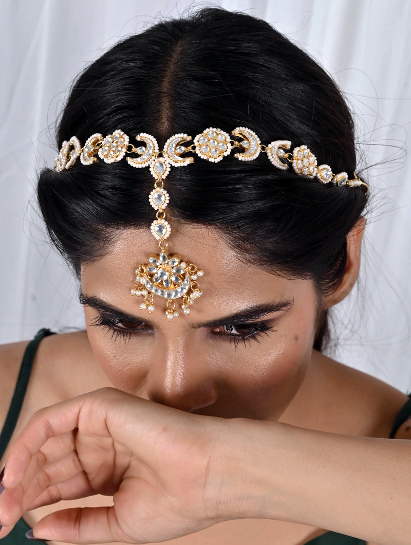 Dyedsolidago Chand Kundan Headband/Sheeshphool - Nonita Fashion