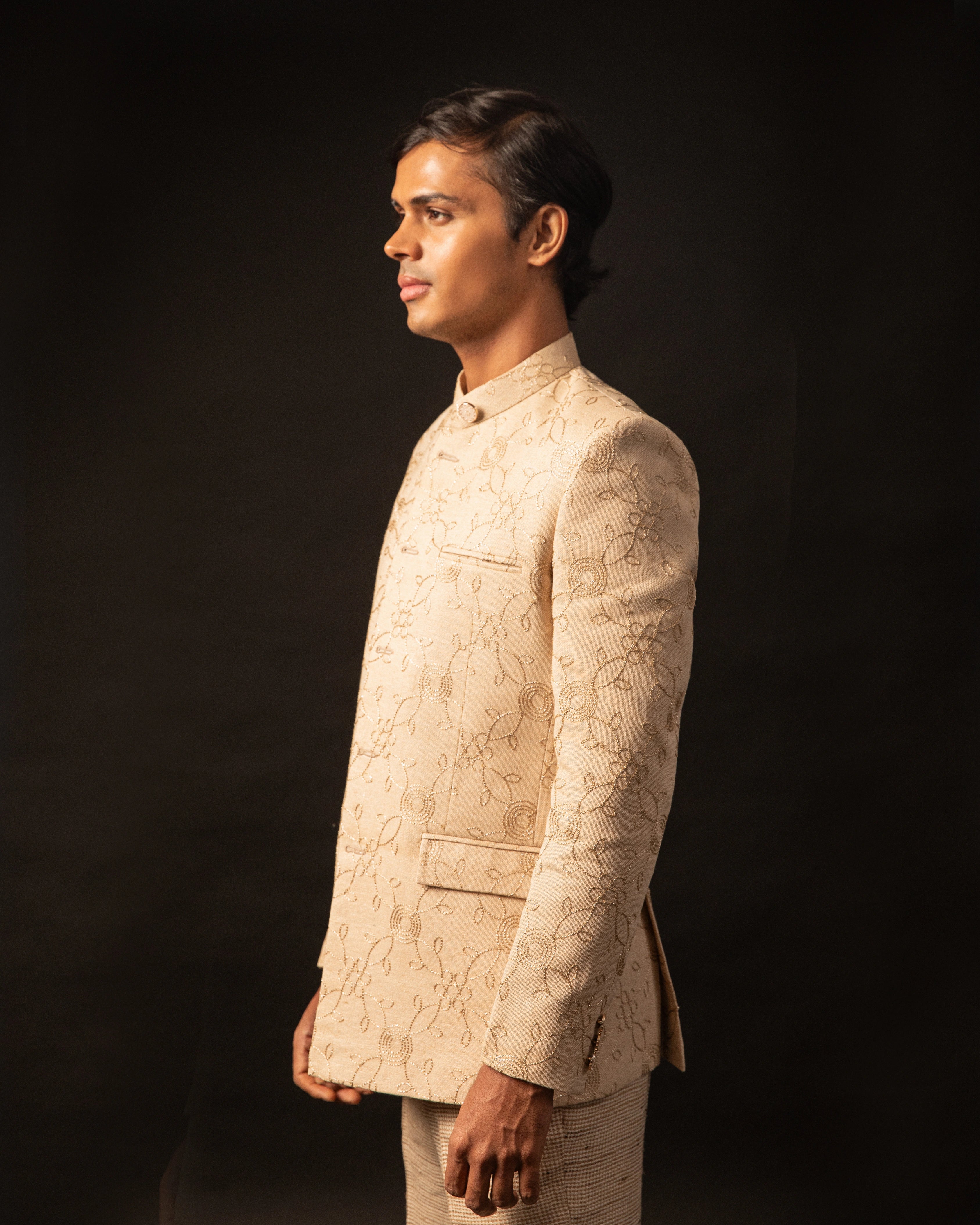 Jodhpuri Ivory Silk Embroidered Bandhgala Jacket with Tailored Straight-Fit Pants