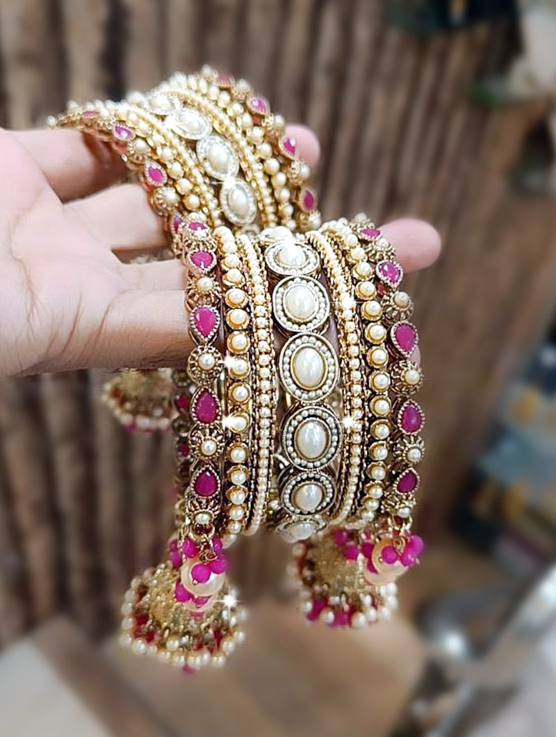 Rani Pink Bangles with Gold Accents, Zarkan and Moti work - Nonita Fashion