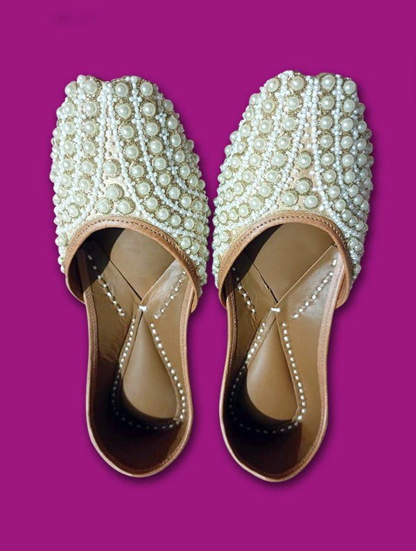 White Pearl and Bead Work Jutti - Nonita Fashion