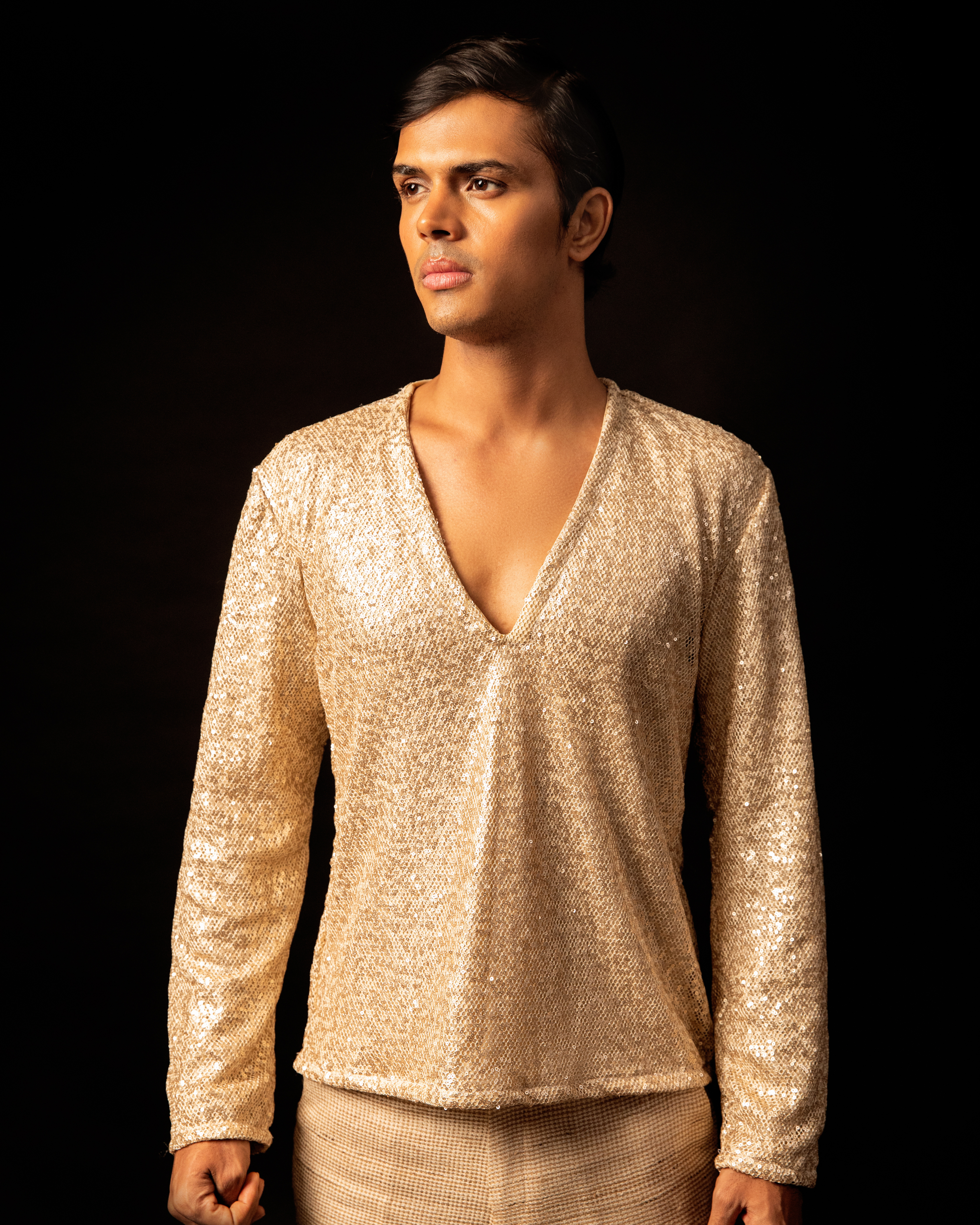 Desert Gold Short Kurta in Mesh with Lining and Cotton-Linen Pants