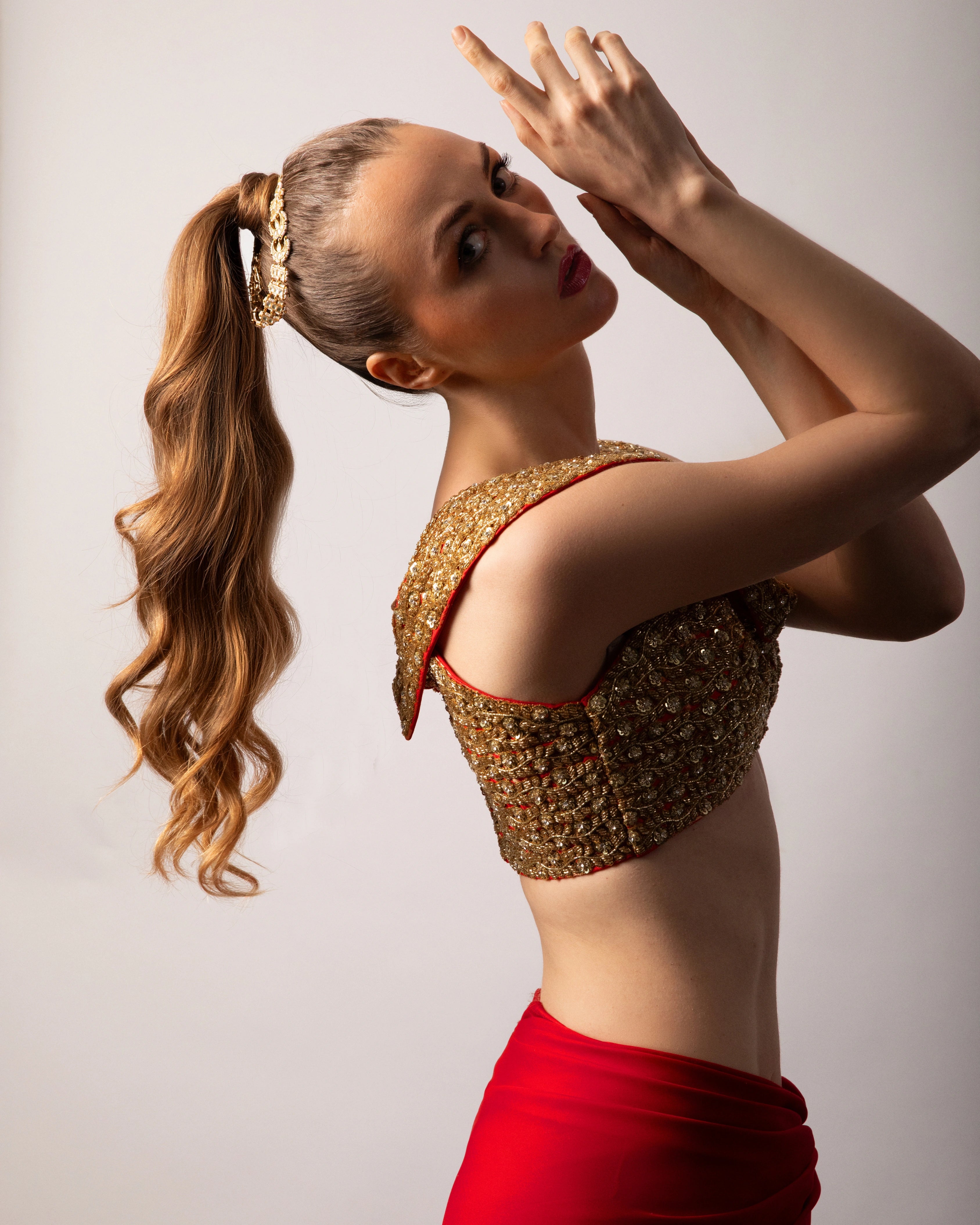 Red Semi Silk Saree Set with Gold Zari Sequin Blouse