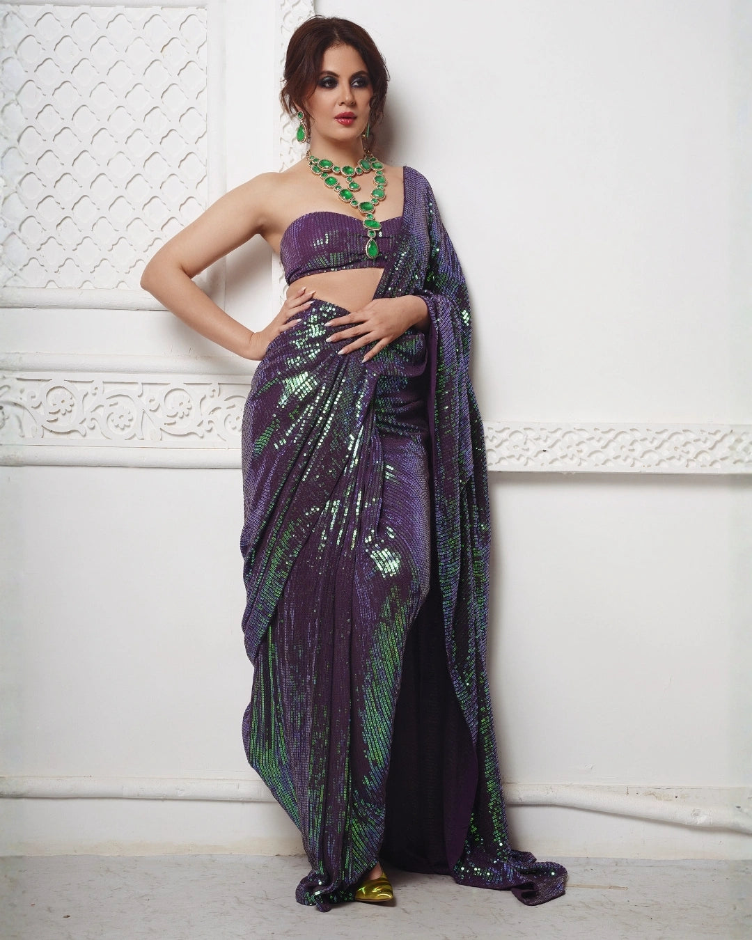 Violet Shimmer Georgette Pre-Drape Saree with Heavy Dual-Tone and All-over Sequin
