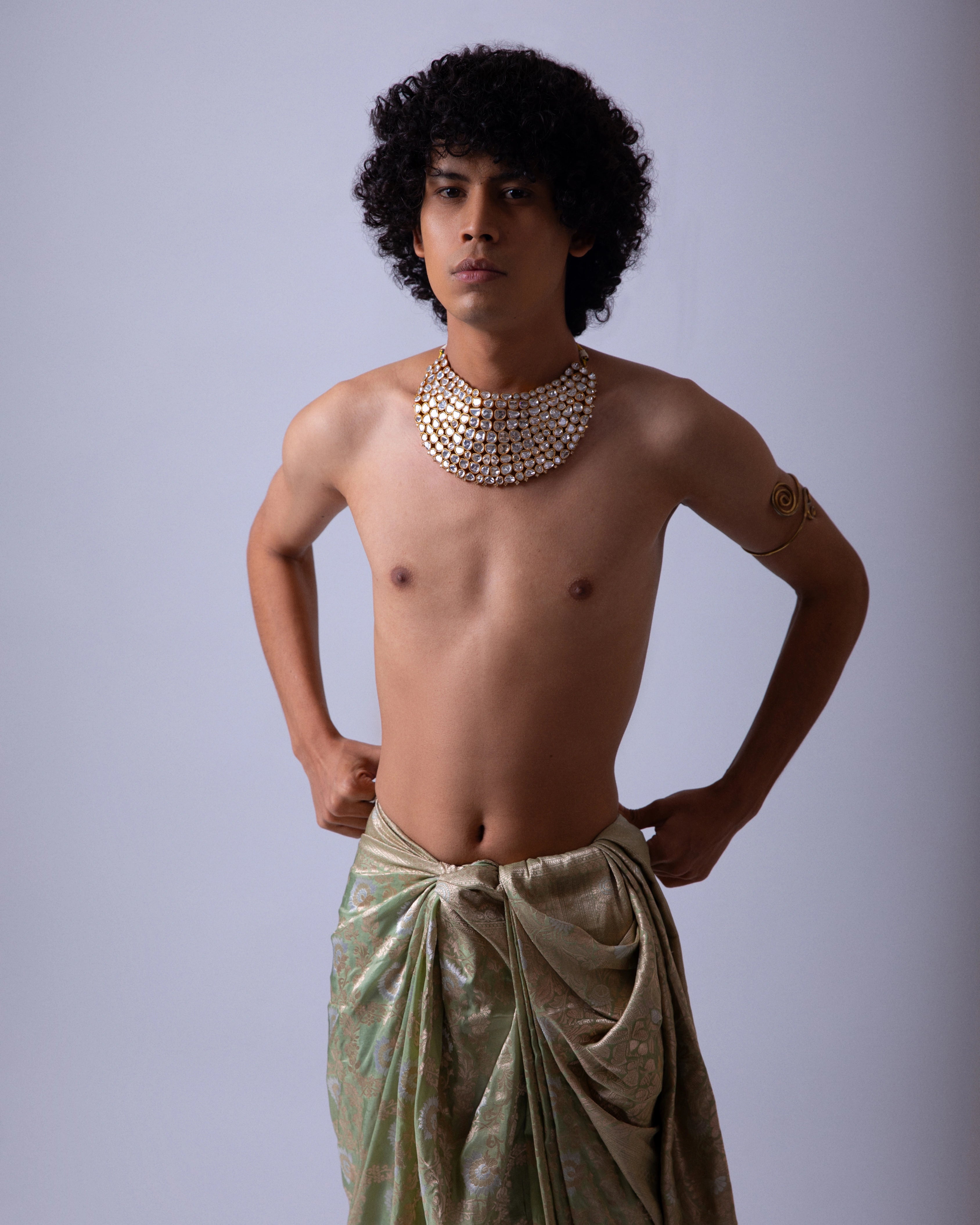 Sage Green Draped Silk Dhoti with Golden Floral Design
