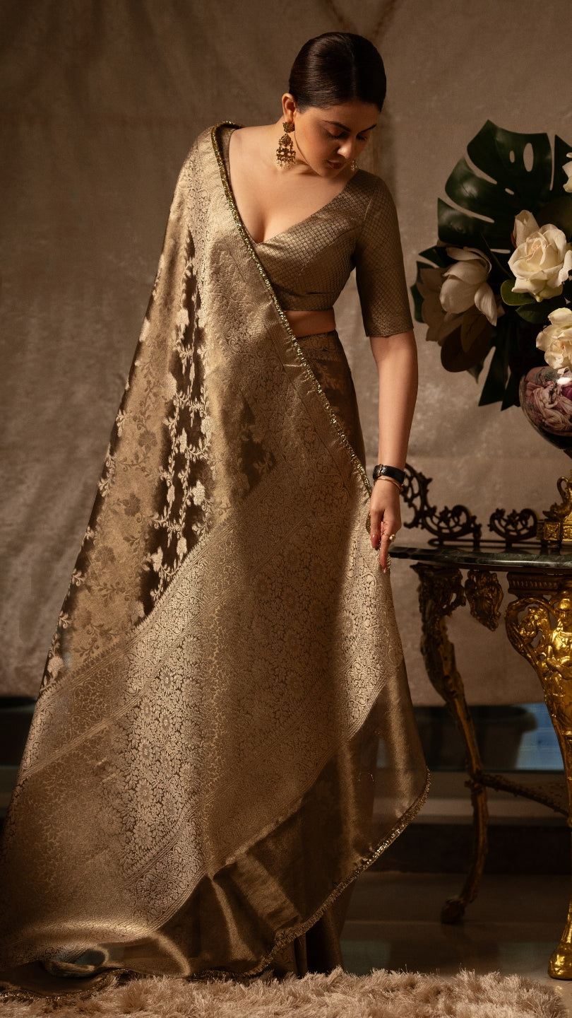 Grey Banarasi Silk Saree with Pure Gold Zari Floral Weaving and Matching Checked Blouse