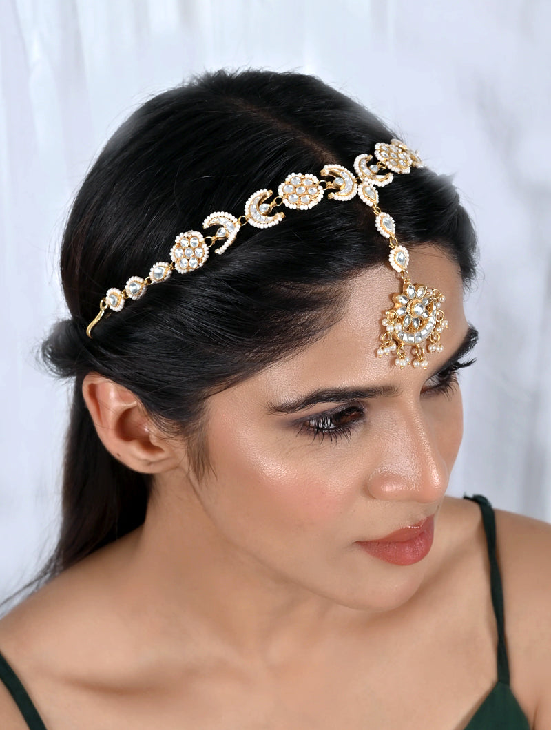 Dyedsolidago Chand Kundan Headband/Sheeshphool - Nonita Fashion