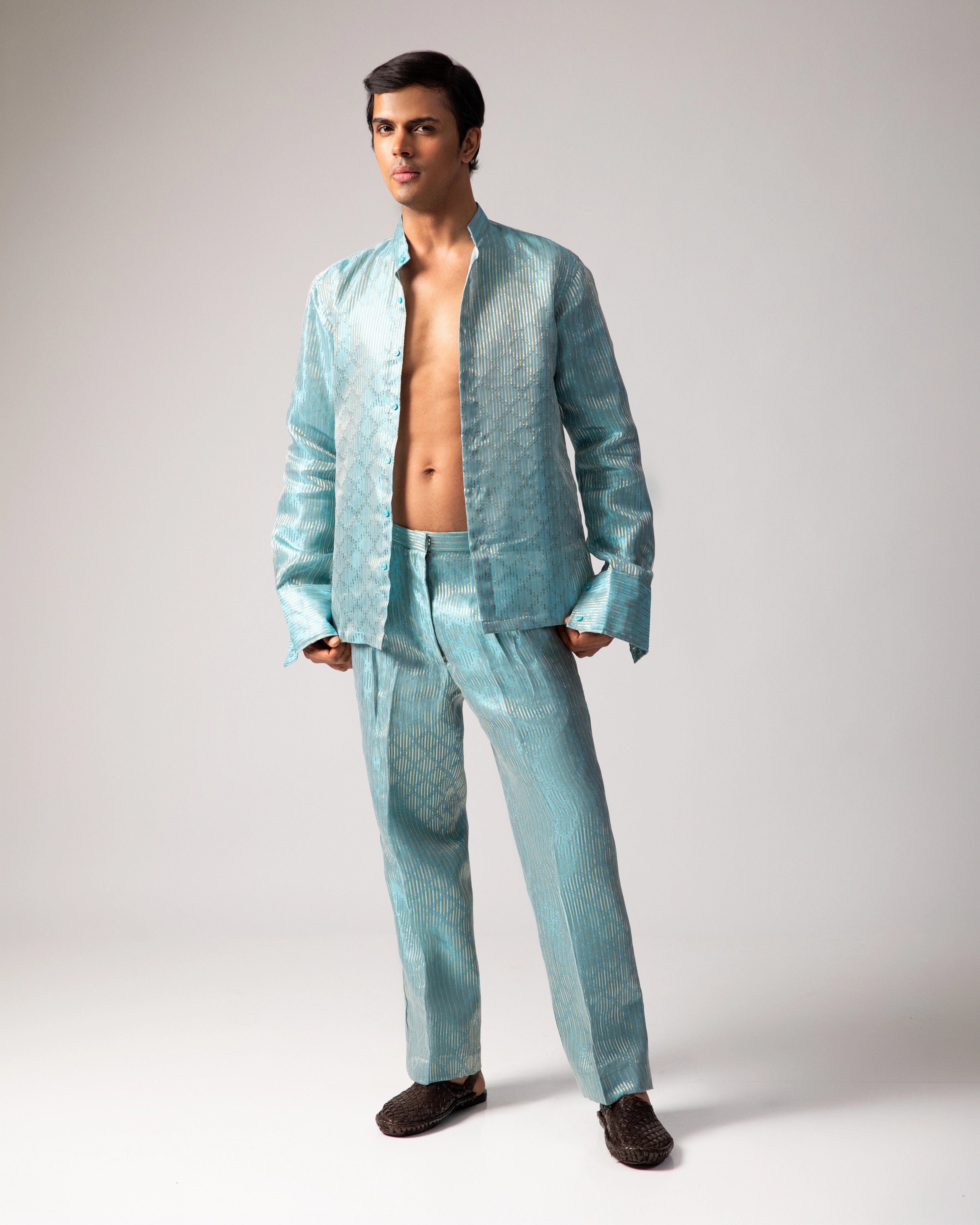 Blue Silk Co-ord Set with Matching Silk Straight-Cut Trousers