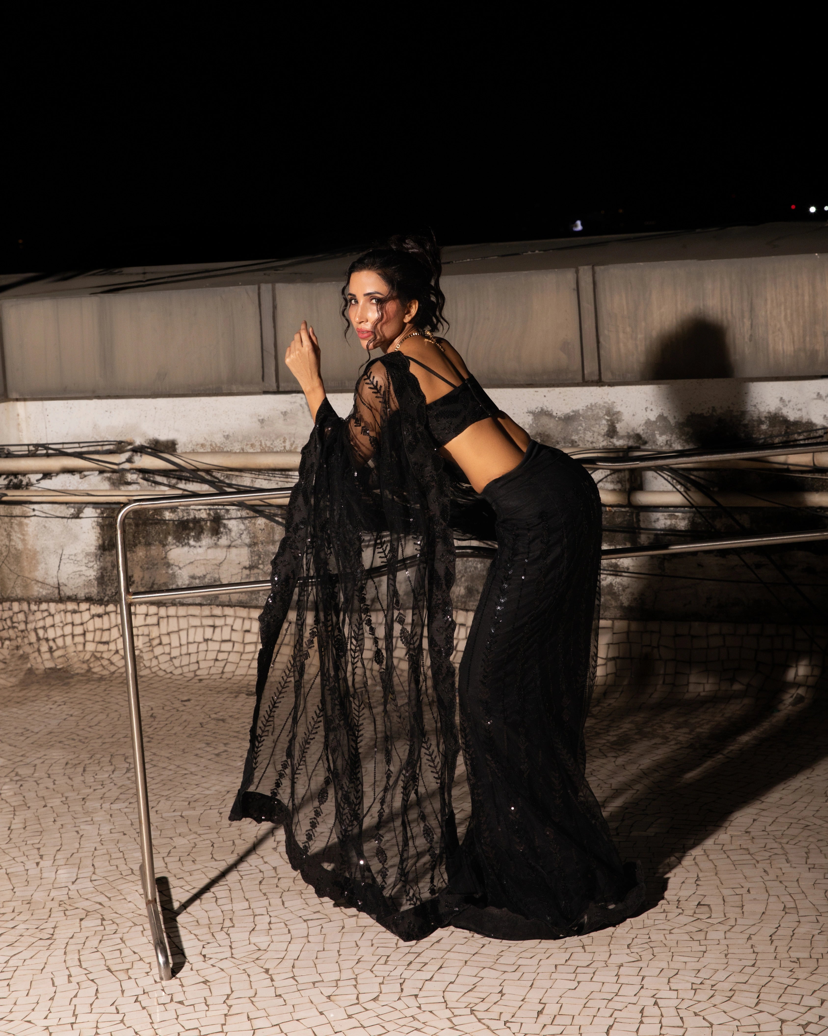 Black Net Sequin with Embroidery Work Saree and Matching Black Sequin Blouse