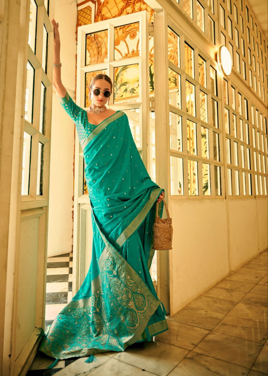 Turquoise Whisper Pure Satin Saree - Nonita Fashion