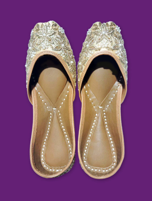 Bridal Zari Golden Beaded Pearl Jutti, - Nonita Fashion