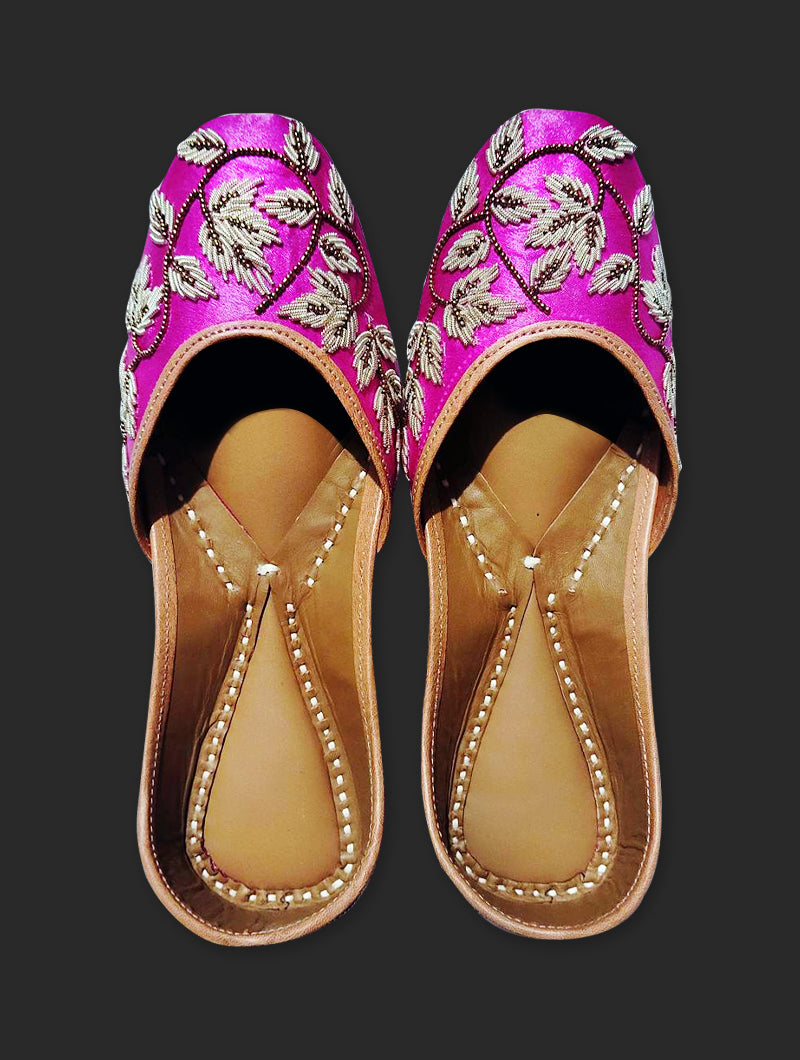 Bridal Rani Pink Zardozi Leaf Design Jutti - Nonita Fashion