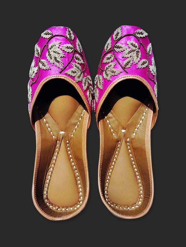 Bridal Rani Pink Zardozi Leaf Design Jutti - Nonita Fashion