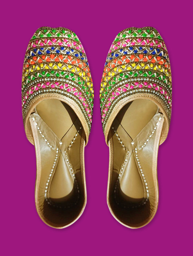 Multicolor Threadwork, Stone Beaded, and Zari Work Jutti - Nonita Fashion