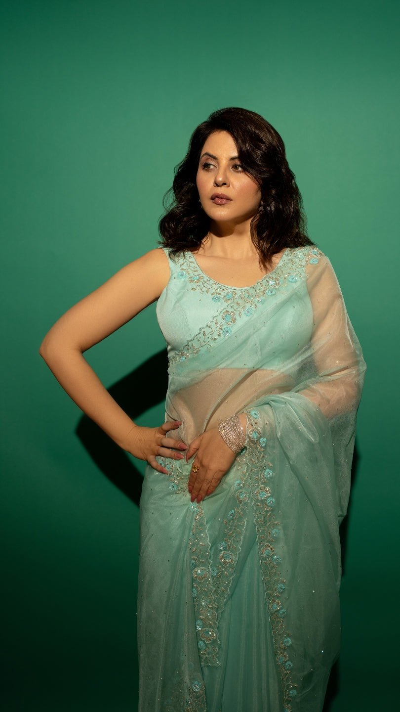 Sky Blue Hand Embroidered Saree and Matching Floral Embroidered Blouse
