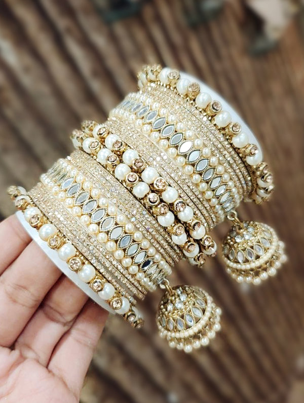 Golden Bangles with Zarkan, Mirror, Moti, Stone, and Zari Work - Nonita Fashion